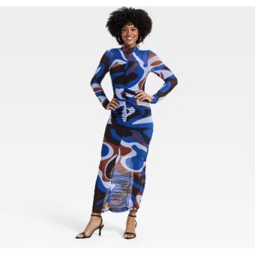 New Monica Ahanonu Long Sleeve Maxi Mesh Dress Blue Black 2pc Size L Large NWT